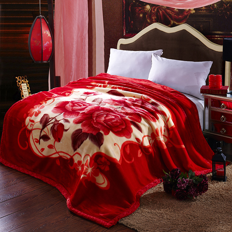 婚庆毛毯 加厚双层拉舍尔冬季双人毯子 结婚送礼大红色盖毯