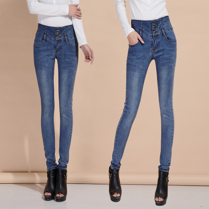 2015春季韩版新款浅蓝色女士牛仔裤新款女装弹性小脚高腰牛仔裤女