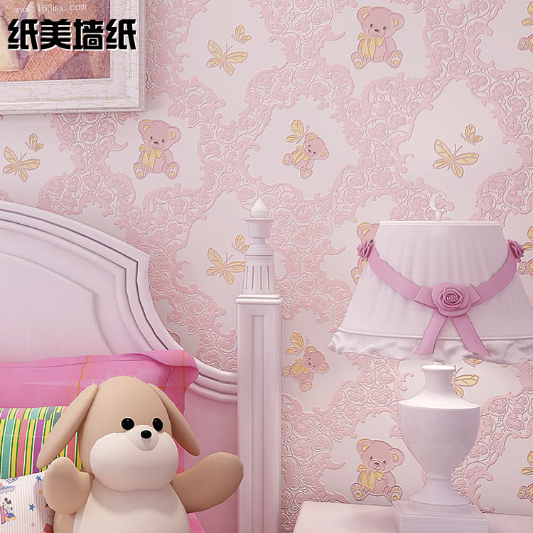 儿童房3D墙纸女孩卧室壁纸隔音温馨粉色卡通防水无纺布壁纸男孩