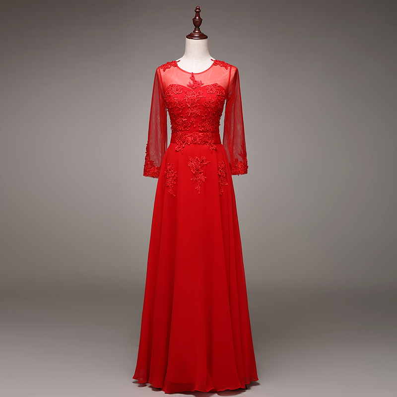 红色修身结婚敬酒服 大码长袖礼服 实物拍摄蕾丝晚礼服红婚纱长款