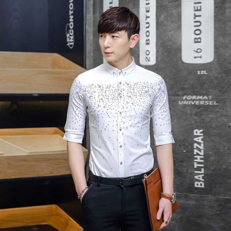 韩版修身型短袖七分袖衬衫男衬衣7分袖半袖中袖五分白潮版春夏季