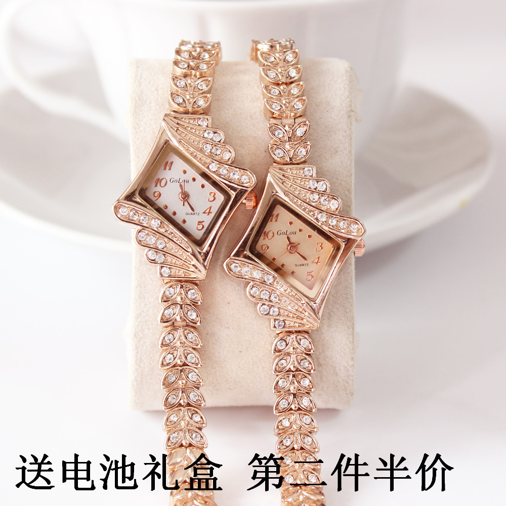 韩国潮流时尚韩版菱形表头气质玫瑰金水钻女士名媛手链表腕表包邮