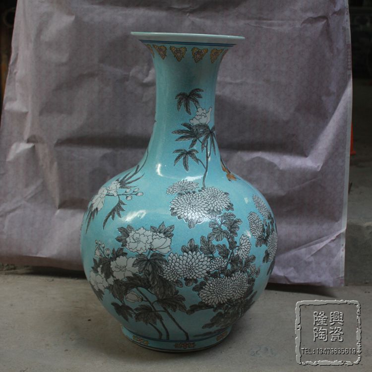 景德镇陶瓷花瓶摆件名人陶瓷花瓶仿古墨彩菊花赏瓶落地大花瓶