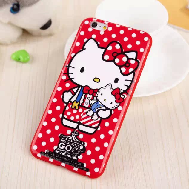 KT猫iphone 6plus波点手机壳 苹果6红色hello kitty卡通保护套