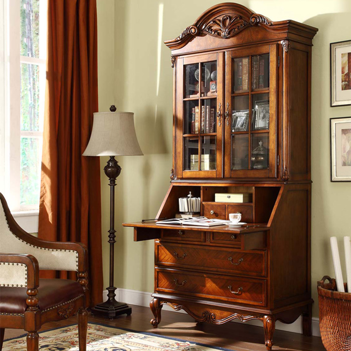 美式实木两门书柜带门欧式多功能上下组合书桌雕花书房书橱柜子