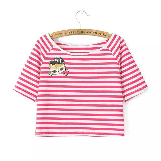 2015夏季新款棉质卡通猫咪印花一字领圆领条纹短款T恤打底衫女