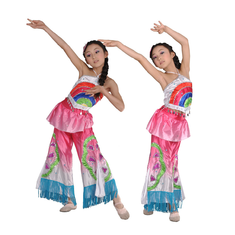 新款儿童舞蹈表演服女童民族舞秧歌舞演出服装少儿古装练功露肩服