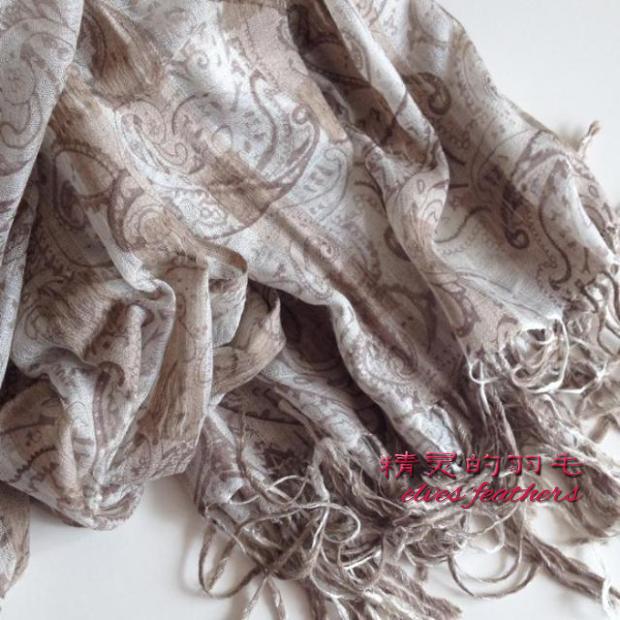 绝美！米咖色织印花镂空 超薄大尺寸顶级工艺真丝羊绒围巾 大披肩