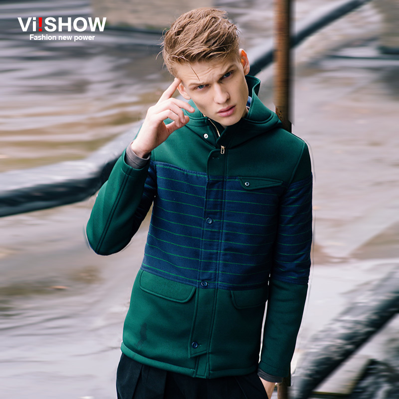 viishow2015秋冬新款夹克 欧美时尚拼接连帽夹克 短款jacket外套