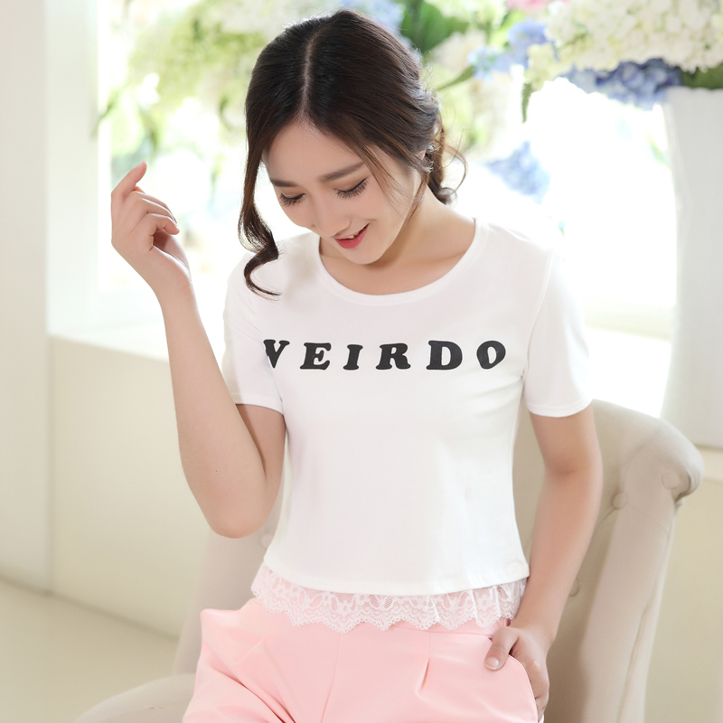 2015夏季韩版潮女装半袖圆领短款蕾丝花边拼接T恤衫夏天薄款短袖