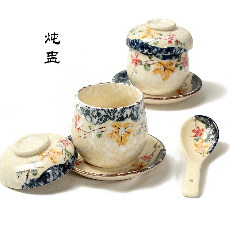 日韩陶瓷炖盅小药膳补品甜品餐具水蒸燕窝带盖蒸蛋茶杯碗雪花釉