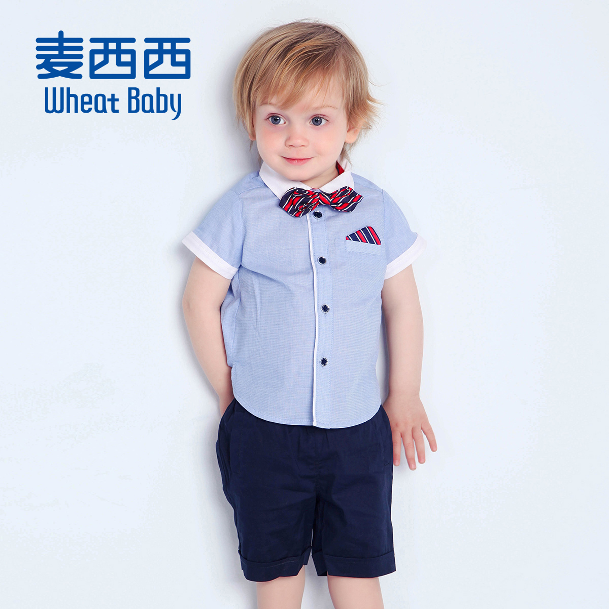 wheatbaby麦西西男童 男婴童领结短袖短裤套装 2015夏装新款