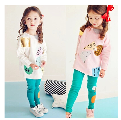 韩国童装女童秋装2015新款 个性补丁萝莉T恤+纯棉打底裤儿童套装