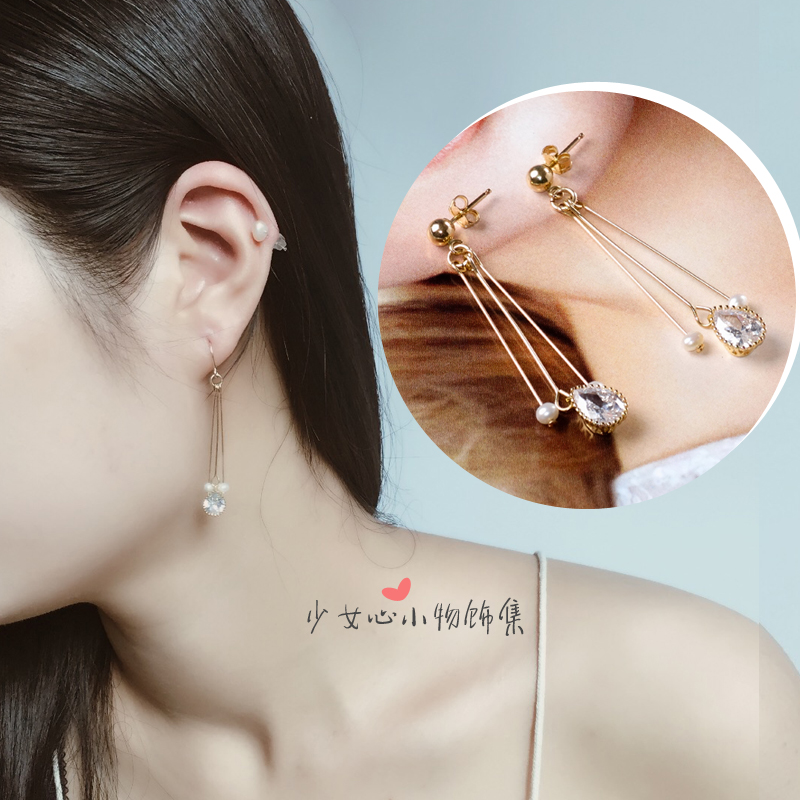 长款耳环14K包金 梨心蕾丝锆石+淡水珍珠 包边宝石 超气质耳钉