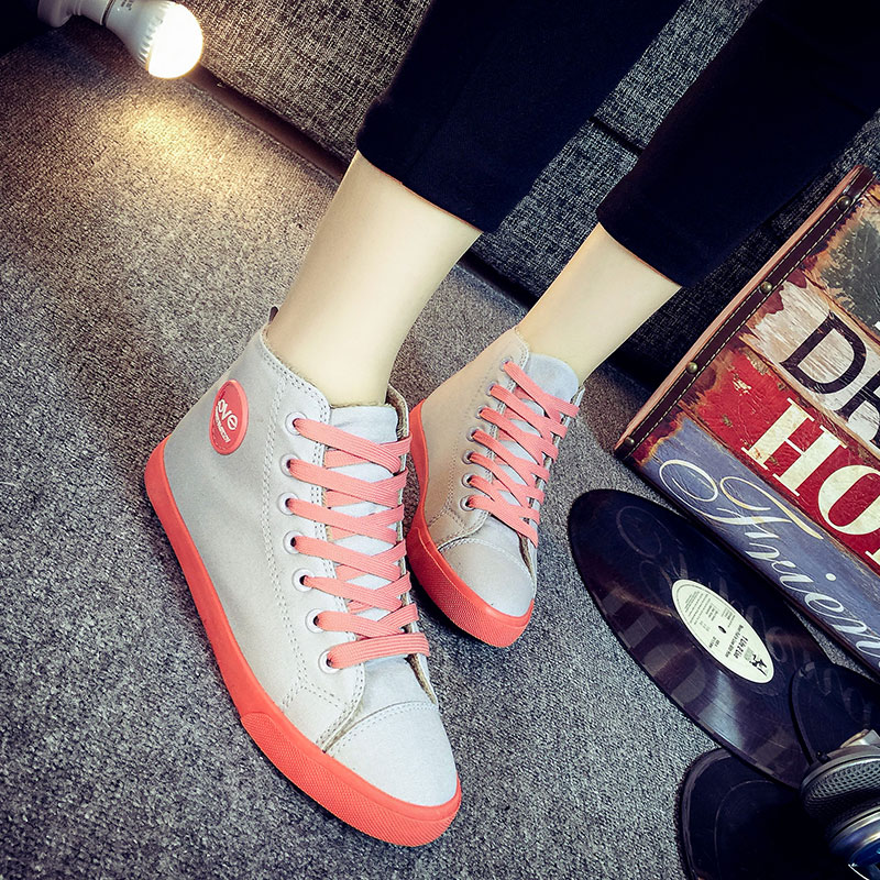 秋季红色帆布鞋女高帮鞋平底休闲布鞋子韩版女士球鞋平跟学生板鞋
