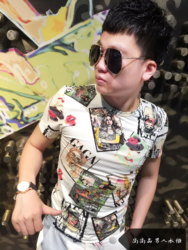 夏季短袖T恤男印花个性潮男韩版潮流修身时尚花色T恤紧身圆领半袖