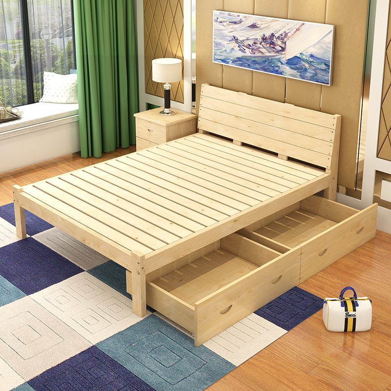 全实木双人床1.5松木床简约单人床儿童1米1.2m储物箱床成人床木床