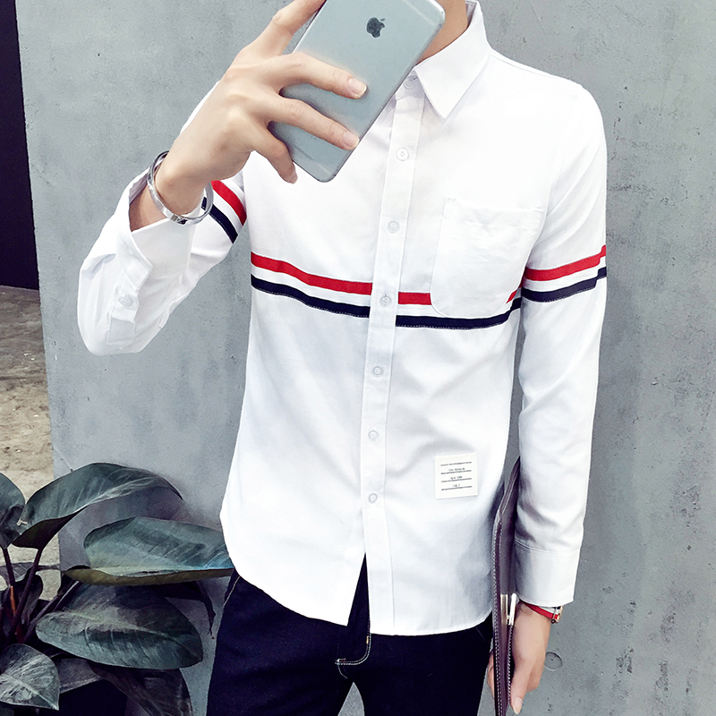 夏季男土男衫长袖寸衫韩版修身型发型师小领花衬衣印花衬衫打底衫