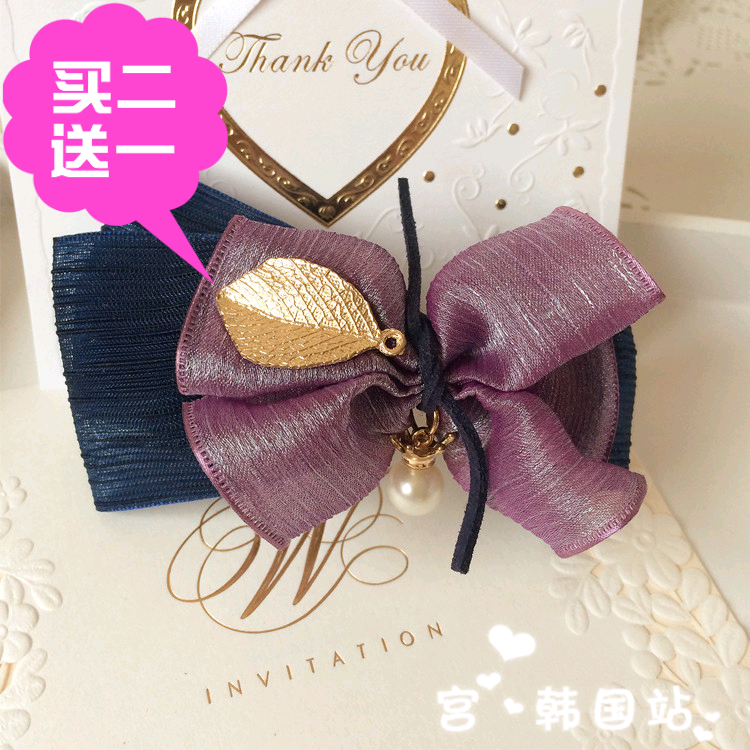 韩式发夹发卡新款紫色双层蝴蝶结亲子款发饰金属树叶珍珠弹簧夹