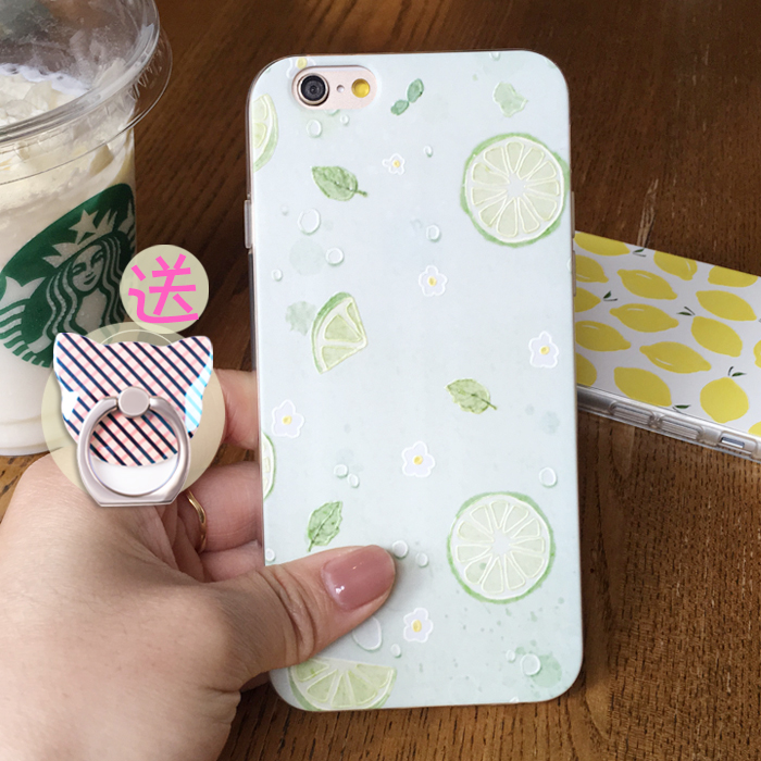 清新柠檬iPhone6s浮雕手机壳苹果i6Plus硅胶挂绳软套日韩送指环扣