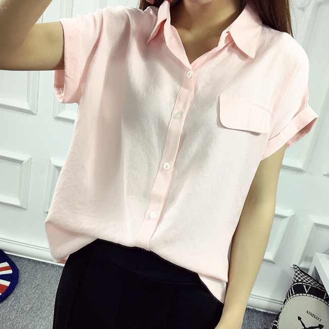 2016夏季新款韩范学院风短袖亚麻衬衫女学生宽松麻棉t恤女上衣