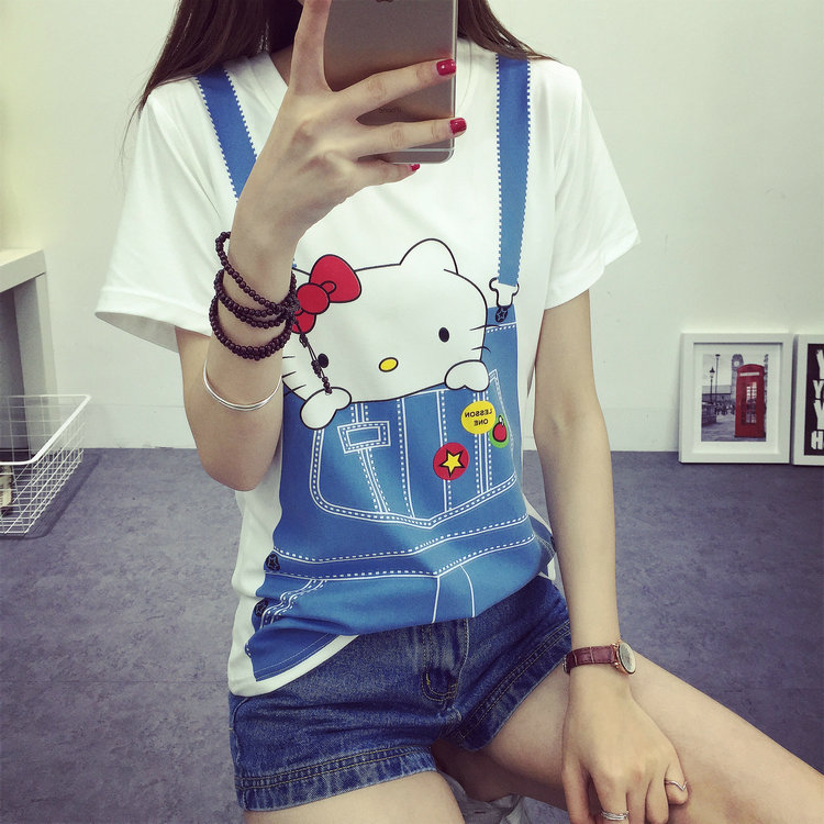 2016夏季韩版潮牛仔背带假两件卡通印花短袖t恤女宽松学生打底衫
