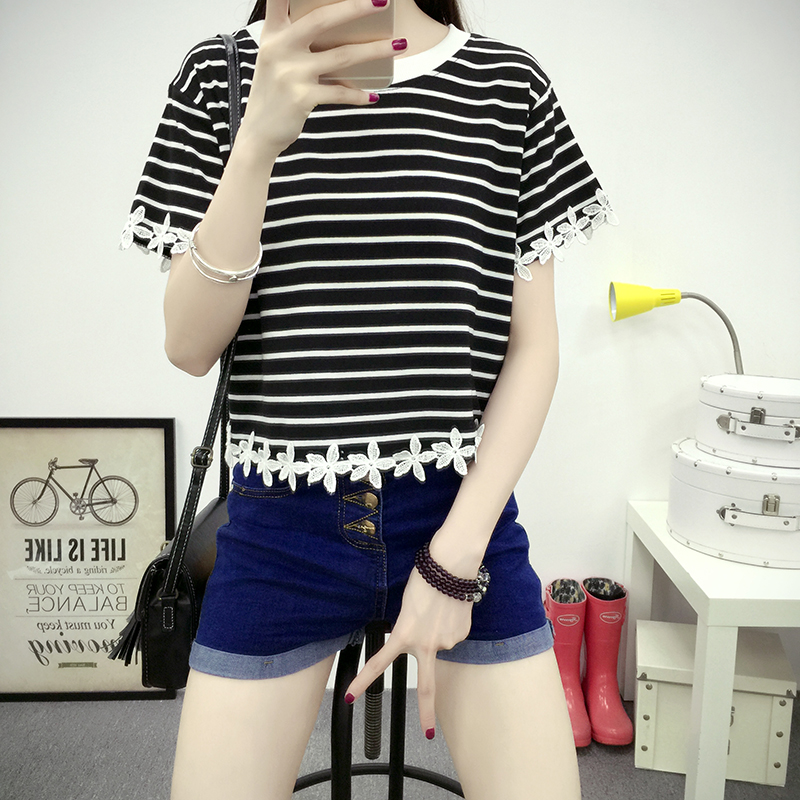 夏季女装大码黑白条纹学生短袖T恤韩版宽松波浪花边半袖针织上衣