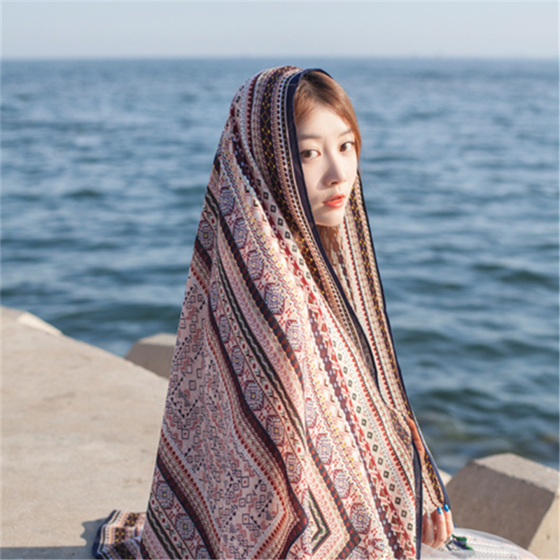 夏季薄款民族风大披肩女遮阳防晒空调海边旅游长围巾几何印花条纹