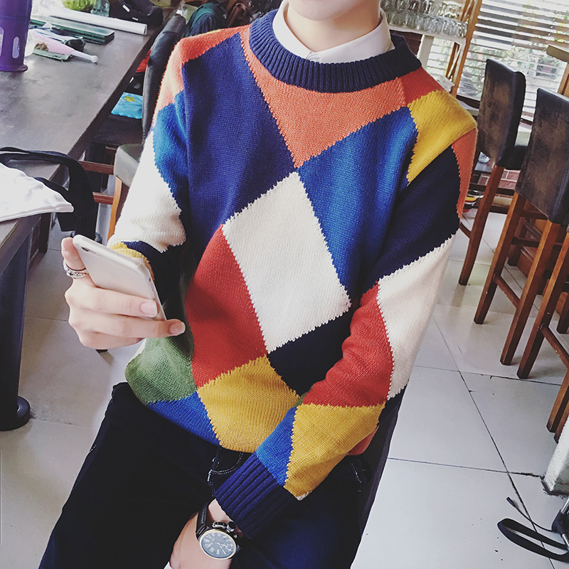 港风2016秋装男士针织衫韩版青年个性几何图案花色毛衣圆领外套潮