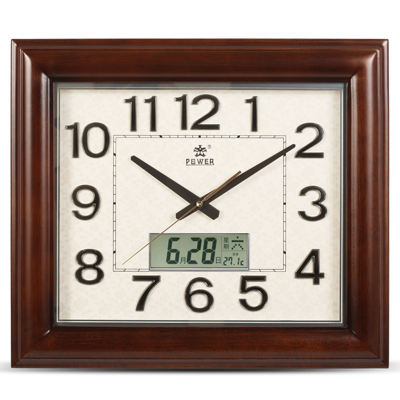 霸王实木静音挂钟 客厅家用大号长方形电子万年历 居家复古时钟表