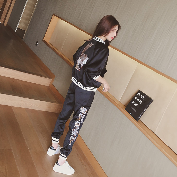 秋季2016韩版新款刺绣棒球服短外套+哈伦长裤运动套装两件套女潮