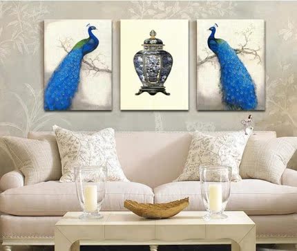 客厅装饰画 现代简约无框画三联挂画 沙发背景墙画壁画 蓝孔雀