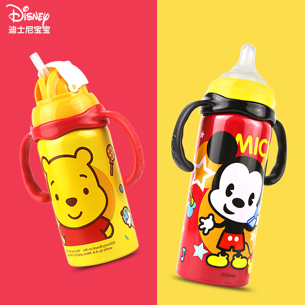 迪士尼婴儿保温奶瓶多用不锈钢保暖壶吸管水杯儿童鸭嘴杯学饮杯