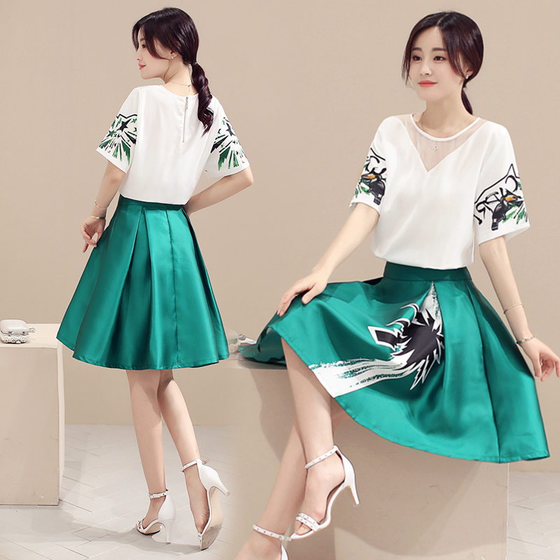 2016时尚韩版新款印花短袖休闲上衣收腰中长款半身裙两件套裙女夏