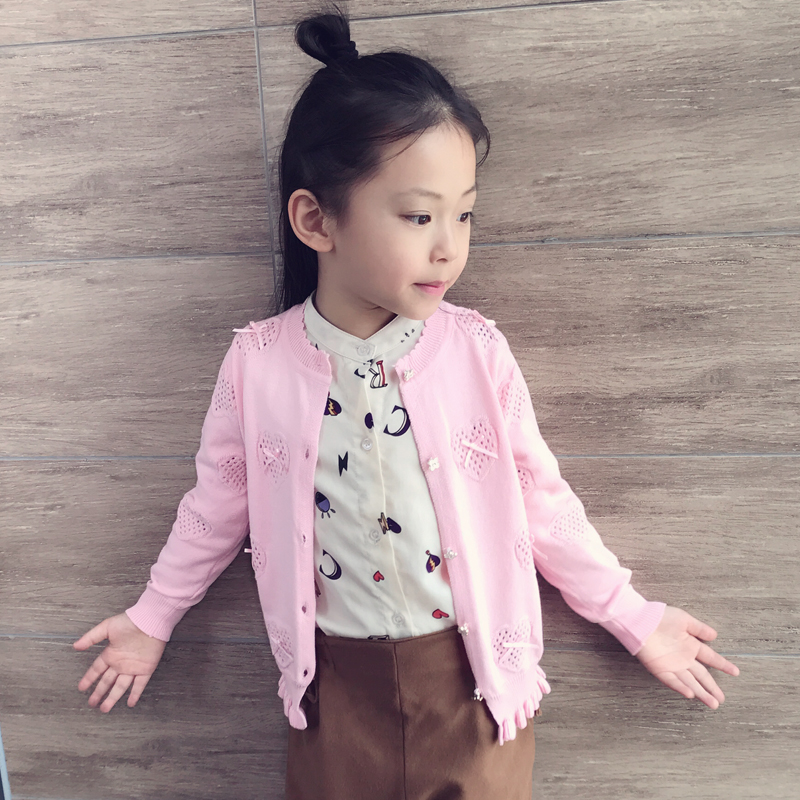 儿童春装2017新款韩版女童中小童针织开衫毛衣外套薄款蝴蝶节开衫