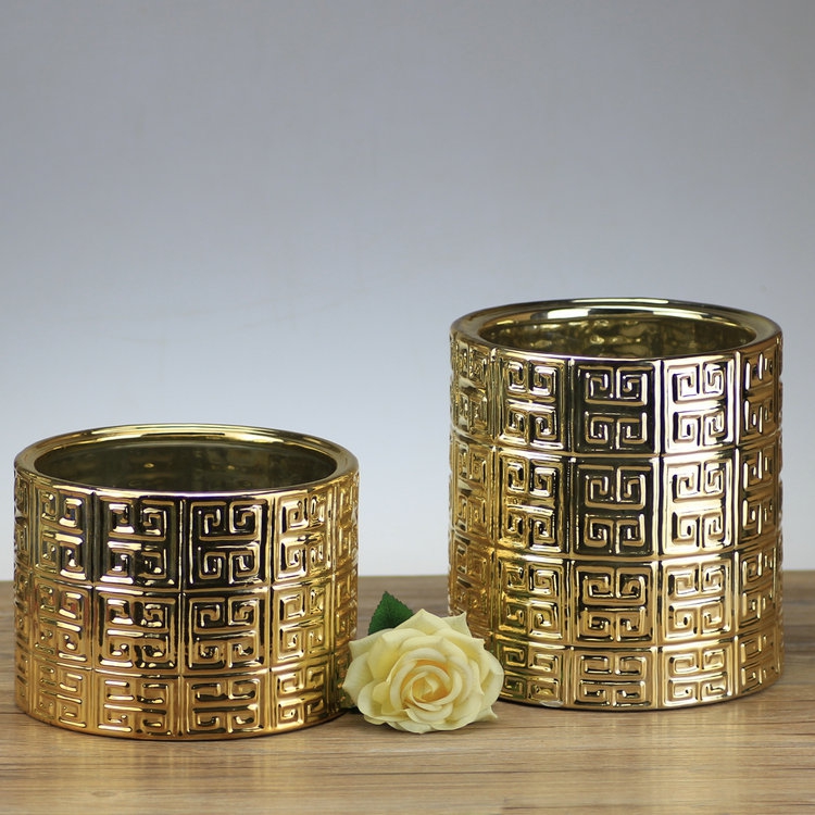 特价直销 简约现代家具金色直筒陶瓷花瓶 家居样板房展厅花桶摆件