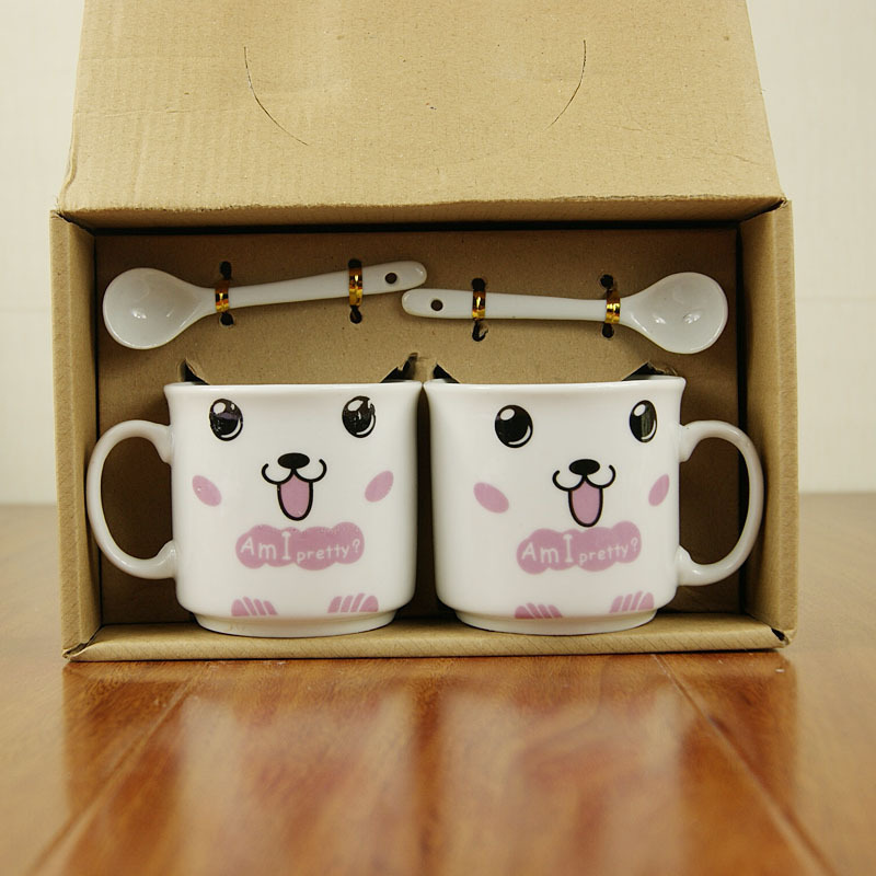 盒装笑脸陶瓷套杯 创意学生生日礼品对杯 咖啡杯 情侣带勺水杯子
