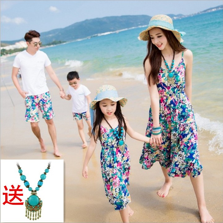 暑假沙滩亲子装夏装一家三口装2016海边波西米亚母女连衣裙全家装