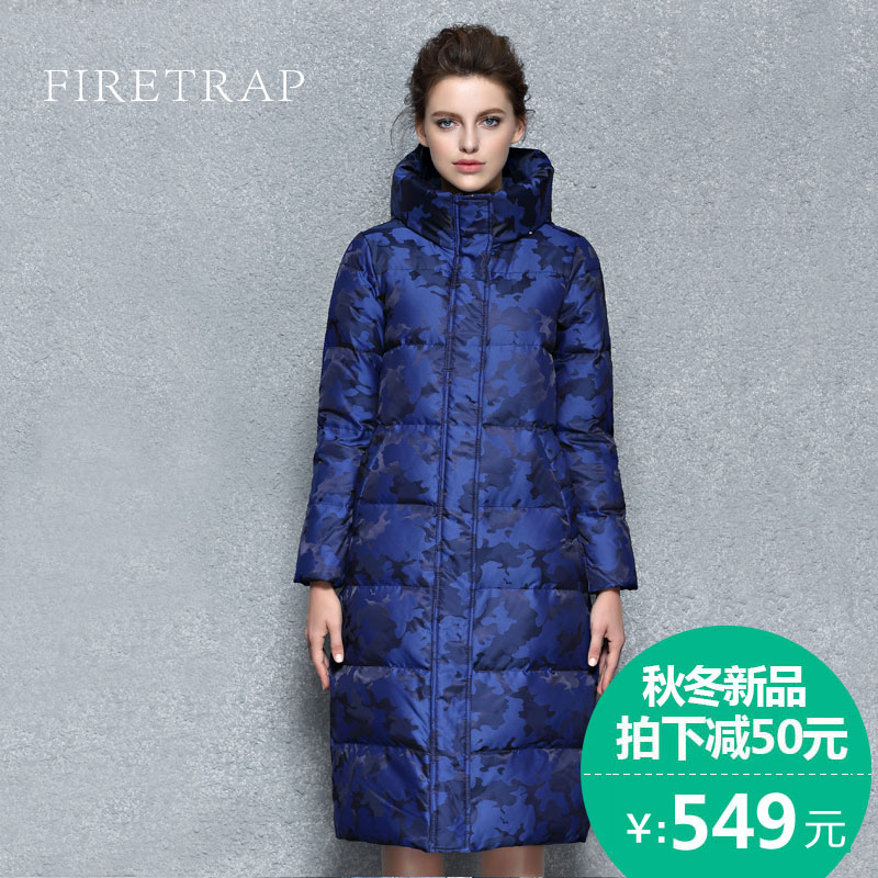 Firetrap欧美高端大牌迷彩连帽羽绒服女长款2016冬季新款羽绒衣