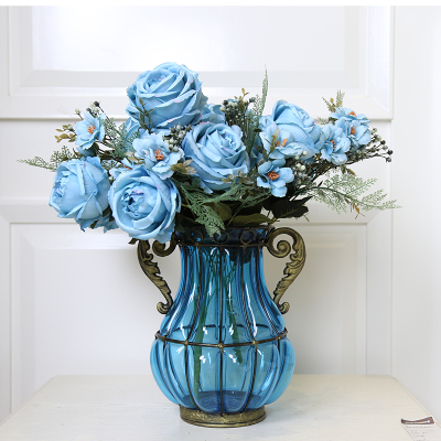 客厅桌面蓝色透明插花花瓶摆件地中海风格装饰品欧式创意家居用品