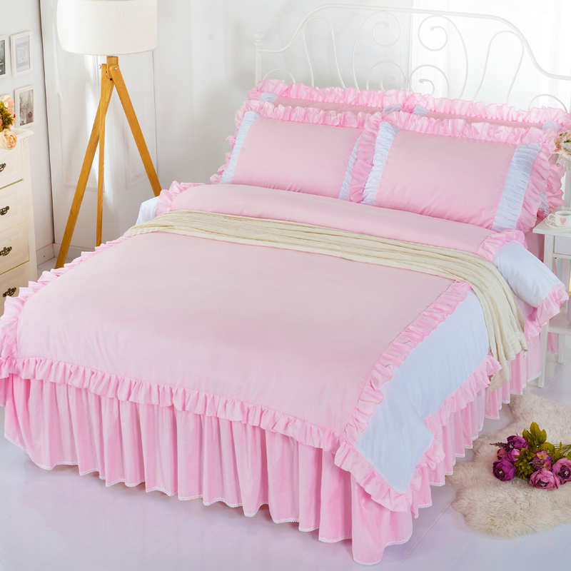 韩版纯色时尚双拼荷叶花边床裙床罩式粉色女孩四件套1.5/1.8m床品