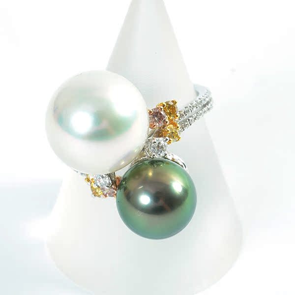 二手真品日本工艺珠宝18K黄金白金珍珠钻石戒指12号日本代购直邮
