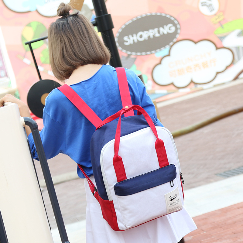日韩经典配色帆布双肩包女校园学生书包休闲旅行背包多功能手提包