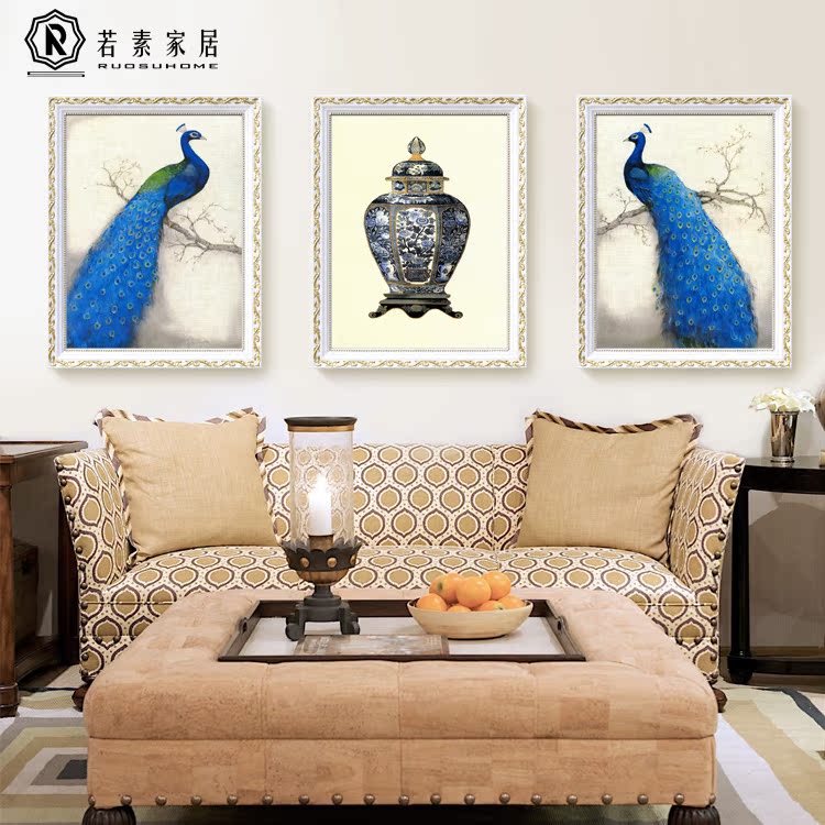 蓝孔雀装饰画客厅玄关卧室美式挂画欧式复古沙发背景墙现代三联画