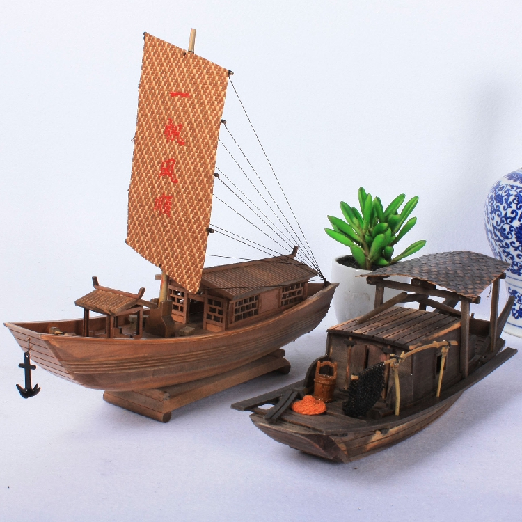南国渔船模型水乡特色手工木船实木做旧木制摆件工艺品太湖帆船