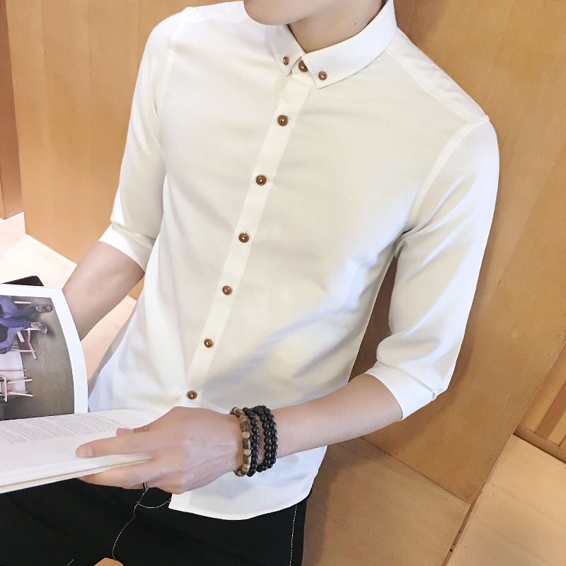 韩版修身潮流帅气七分袖衬衫男夏季青年学生常规薄款休闲短袖男潮