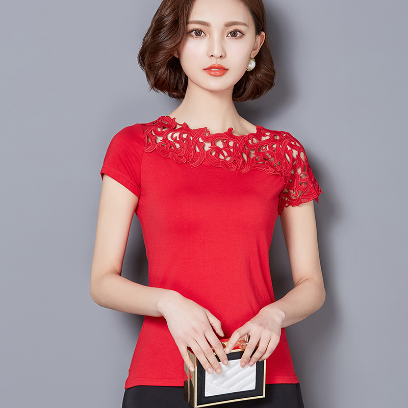 2016新款夏装韩版蕾丝镂空花边女装短袖T恤女修身打底小衫上衣