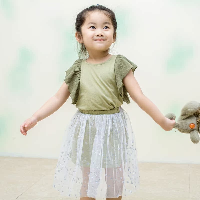 夏韩版女童套装小飞袖T恤星星透视纱裙休闲半身裙可爱清新纯色棉