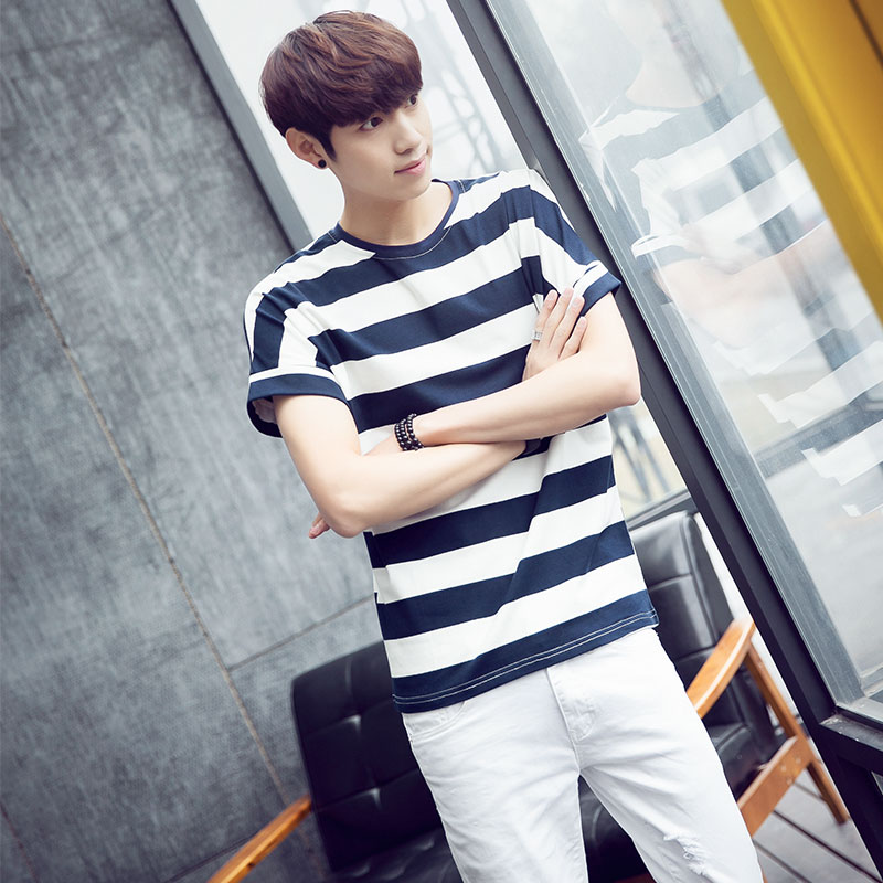 2016新款 夏季英伦条纹男士短袖T恤  圆领韩版修身青少年潮流上衣