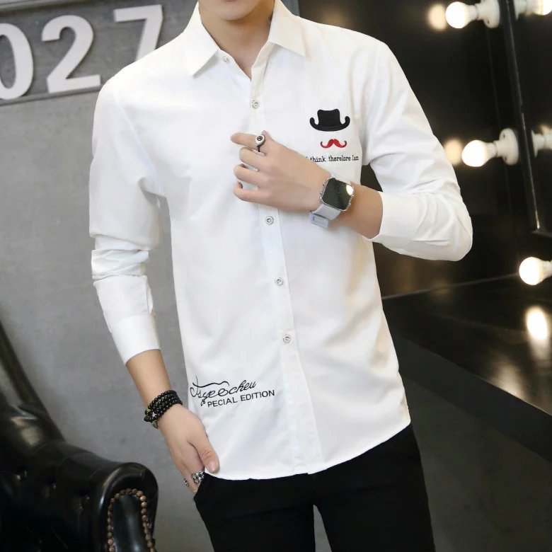 秋季长袖男衬衫青年韩版学生休闲纯色男士衬衣英伦修身型潮流寸衫